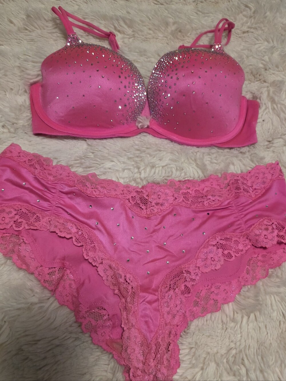 Victoria's Secret Hot Pink Swarvoski Crystals Lace Bra & Panty Set